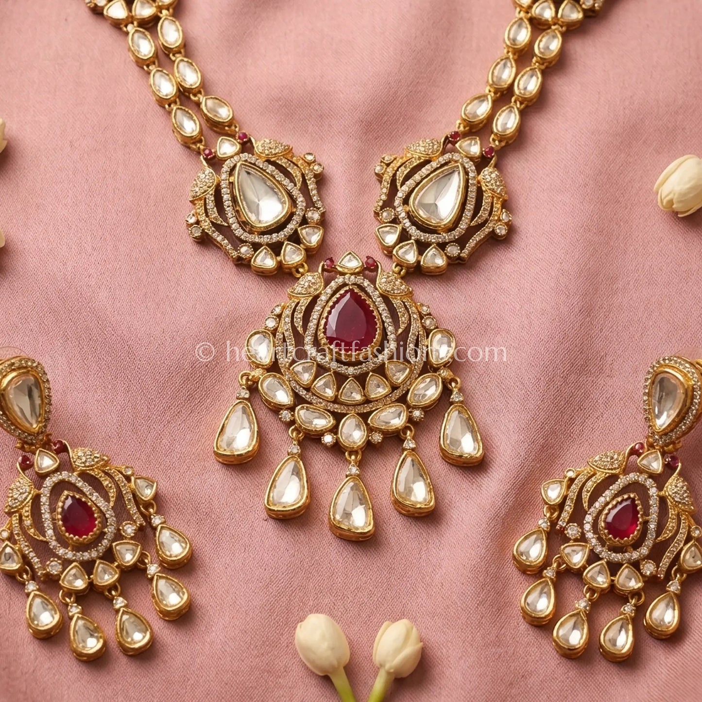 Ruby Red Moissanite Doublet Kundan Necklace Set