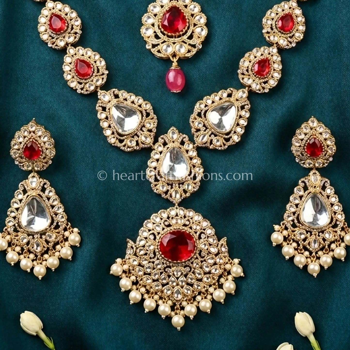 Ruby Red Moissanite Doublet Pearl Necklace Set