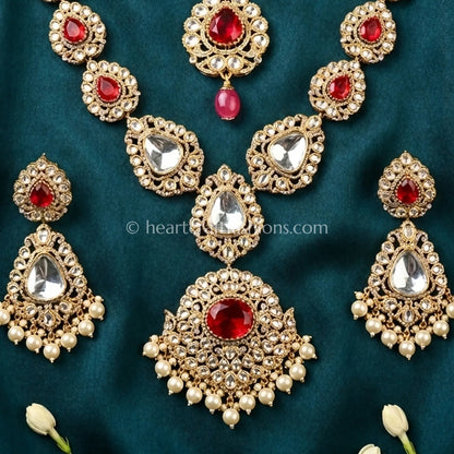 Ruby Red Moissanite Doublet Pearl Necklace Set