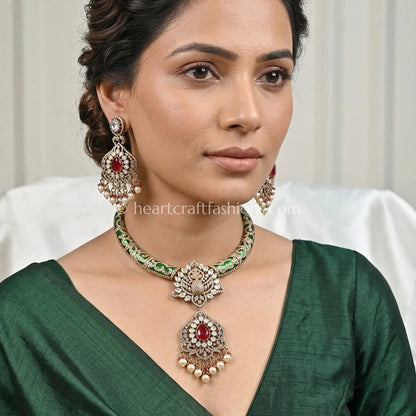 Ruby Red Moissanite Meenakari Hasli Pendant Set
