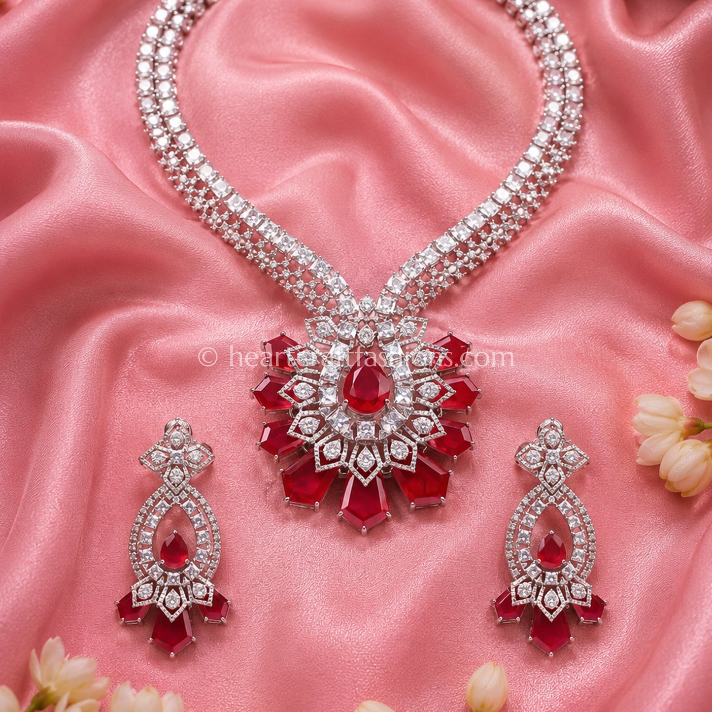 Ruby Red Radiant Fan Pendant Zircon Set