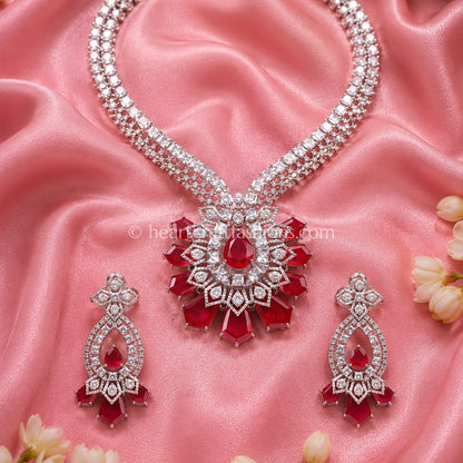 Ruby Red Radiant Fan Pendant Zircon Set