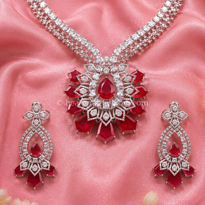 Ruby Red Radiant Fan Pendant Zircon Set