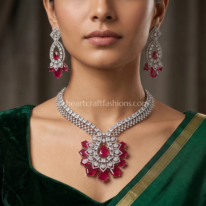 Ruby Red Radiant Fan Pendant Zircon Set