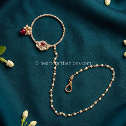 Ruby Red Sunehri Kundan Ring Nath with Pearl Chain