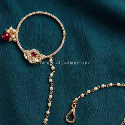 Ruby Red Sunehri Kundan Ring Nath with Pearl Chain