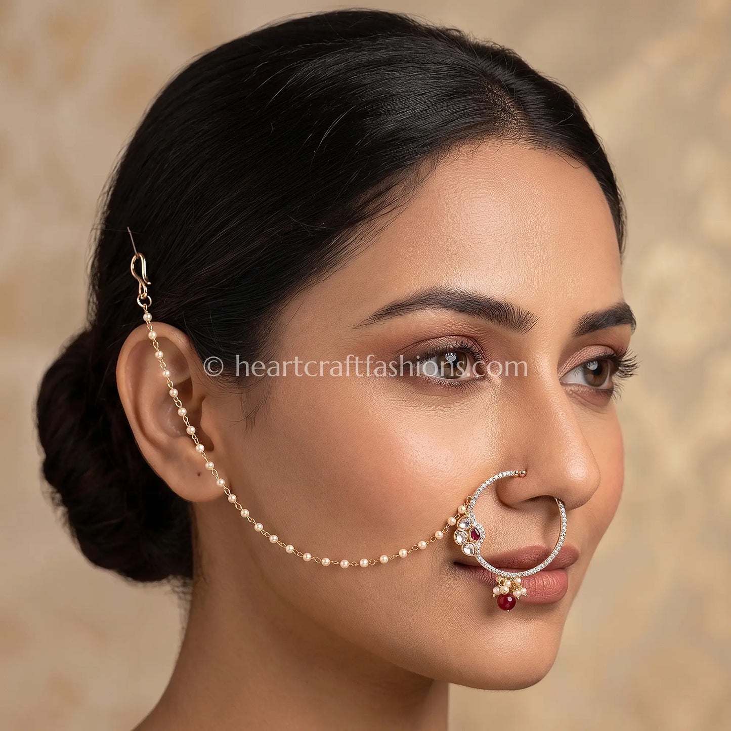 Ruby Red Sunehri Kundan Ring Nath with Pearl Chain