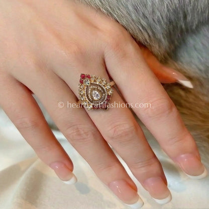 Ruby Sunehri Kundan Teardrop Ring