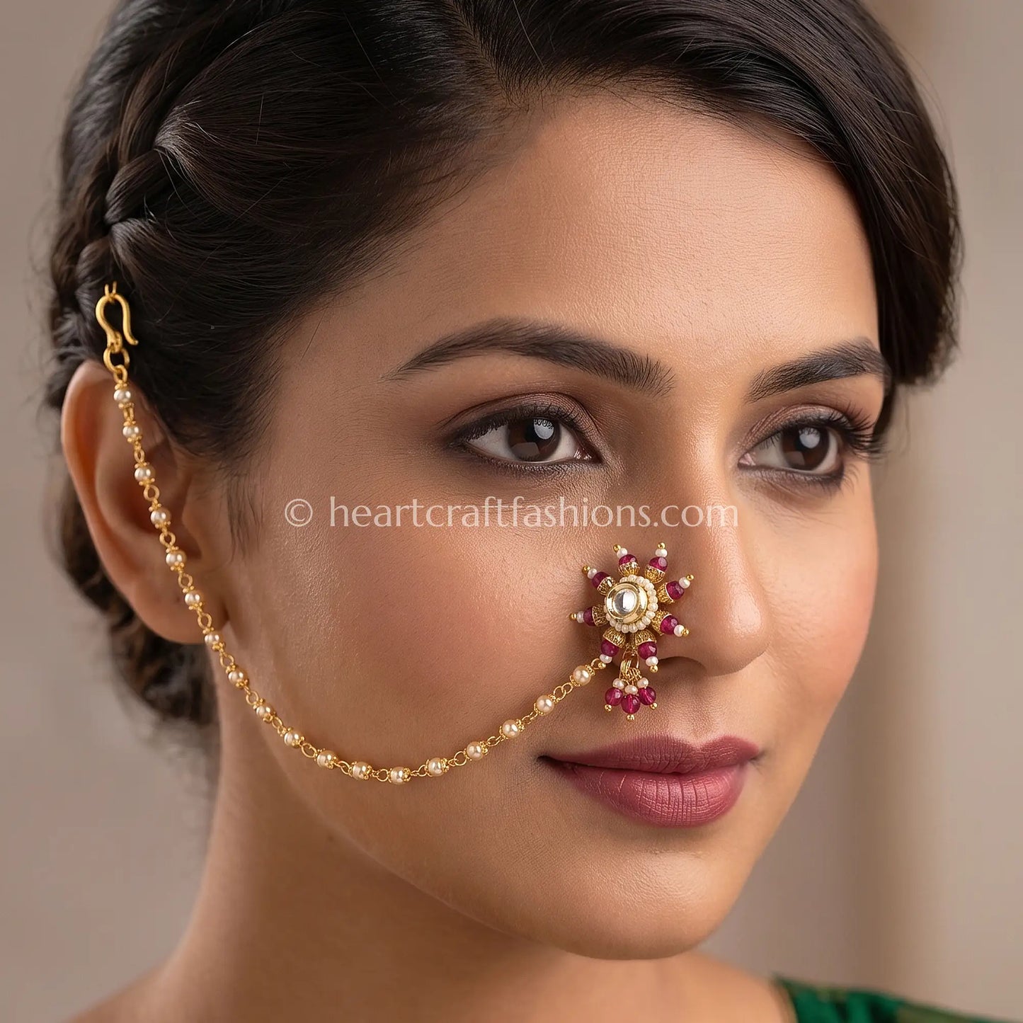 Ruby Sunflower Maharashtrian Kundan Nath with Chain