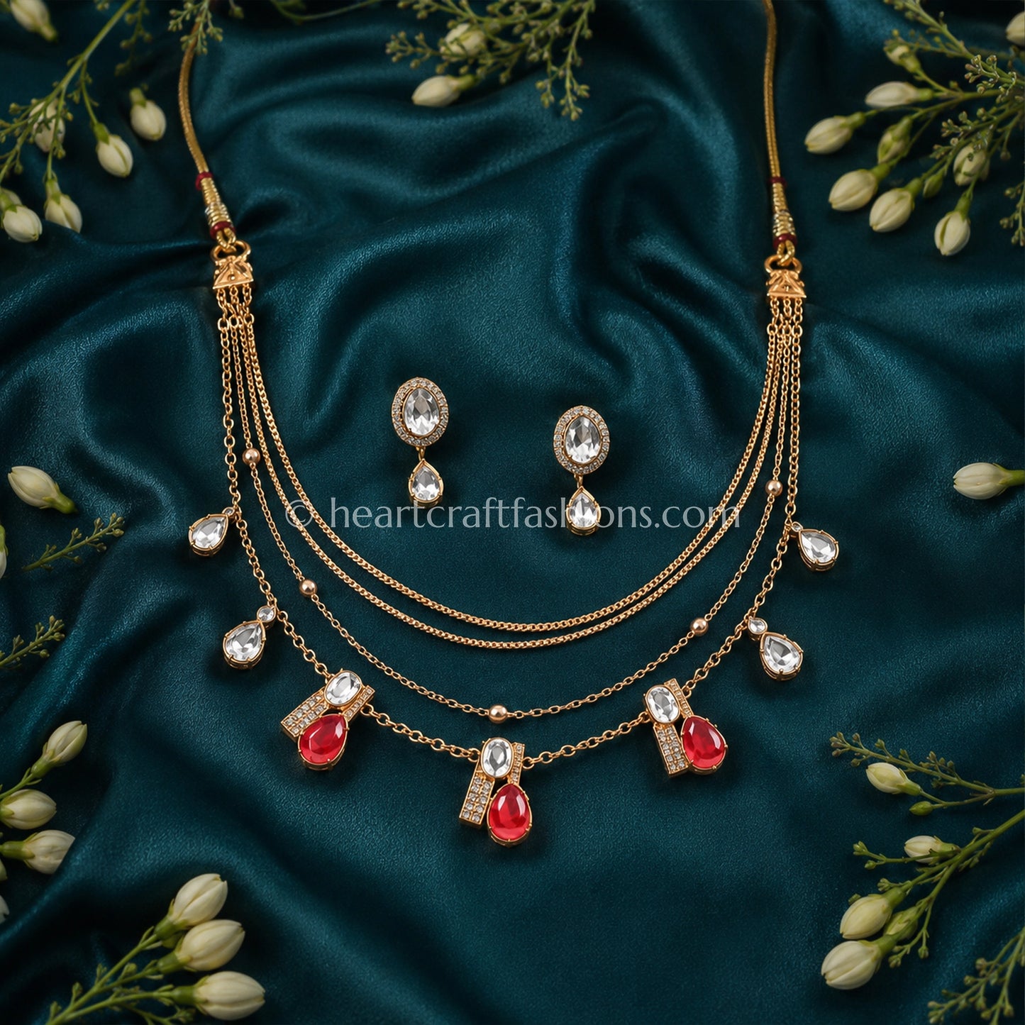 Ruby White Amrapali 5 Layer Doublet Necklace Set