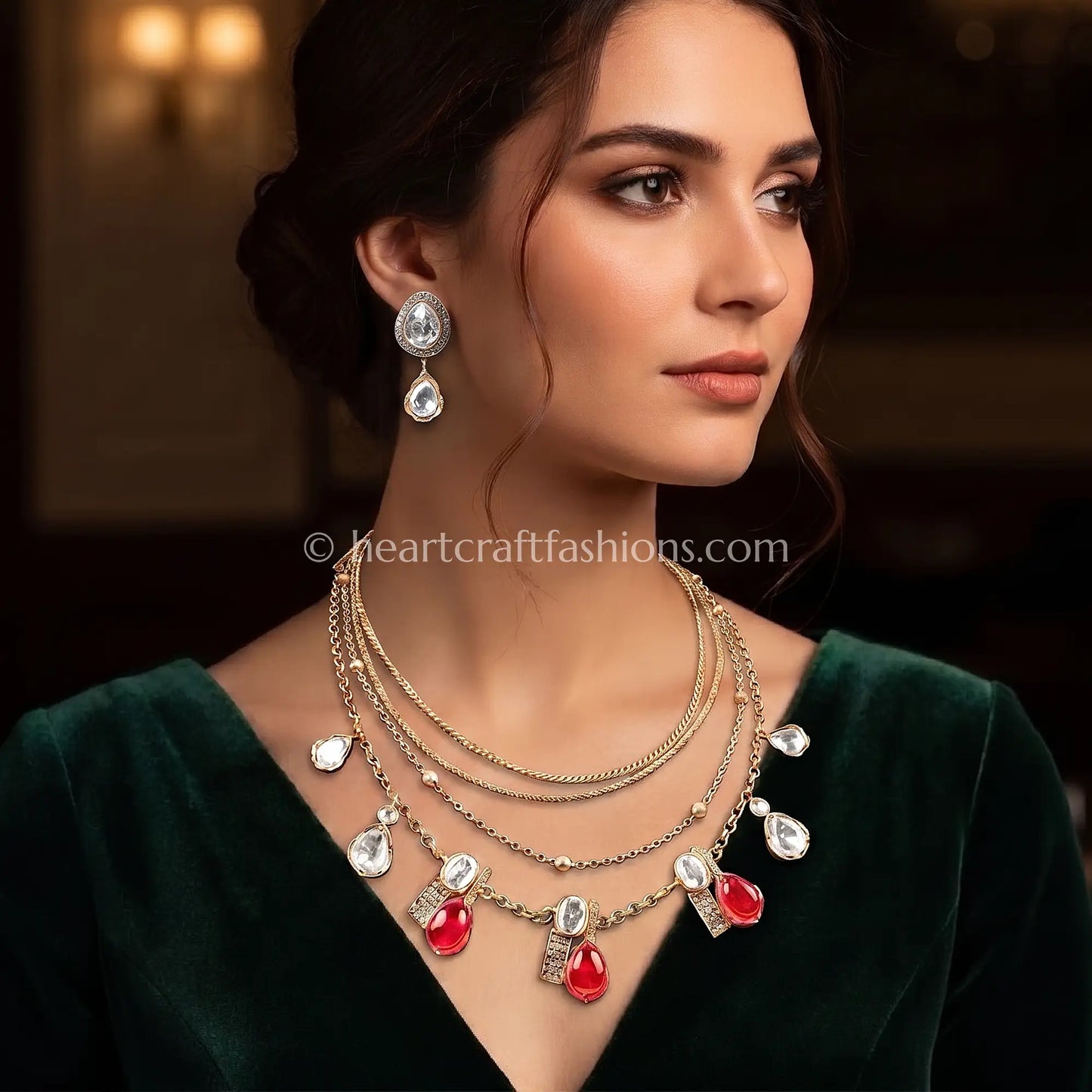 Ruby White Amrapali 5 Layer Doublet Necklace Set