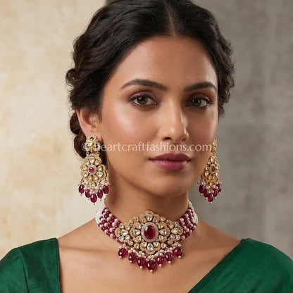 Ruby Bead Moissanite Polki Pearl Choker Set