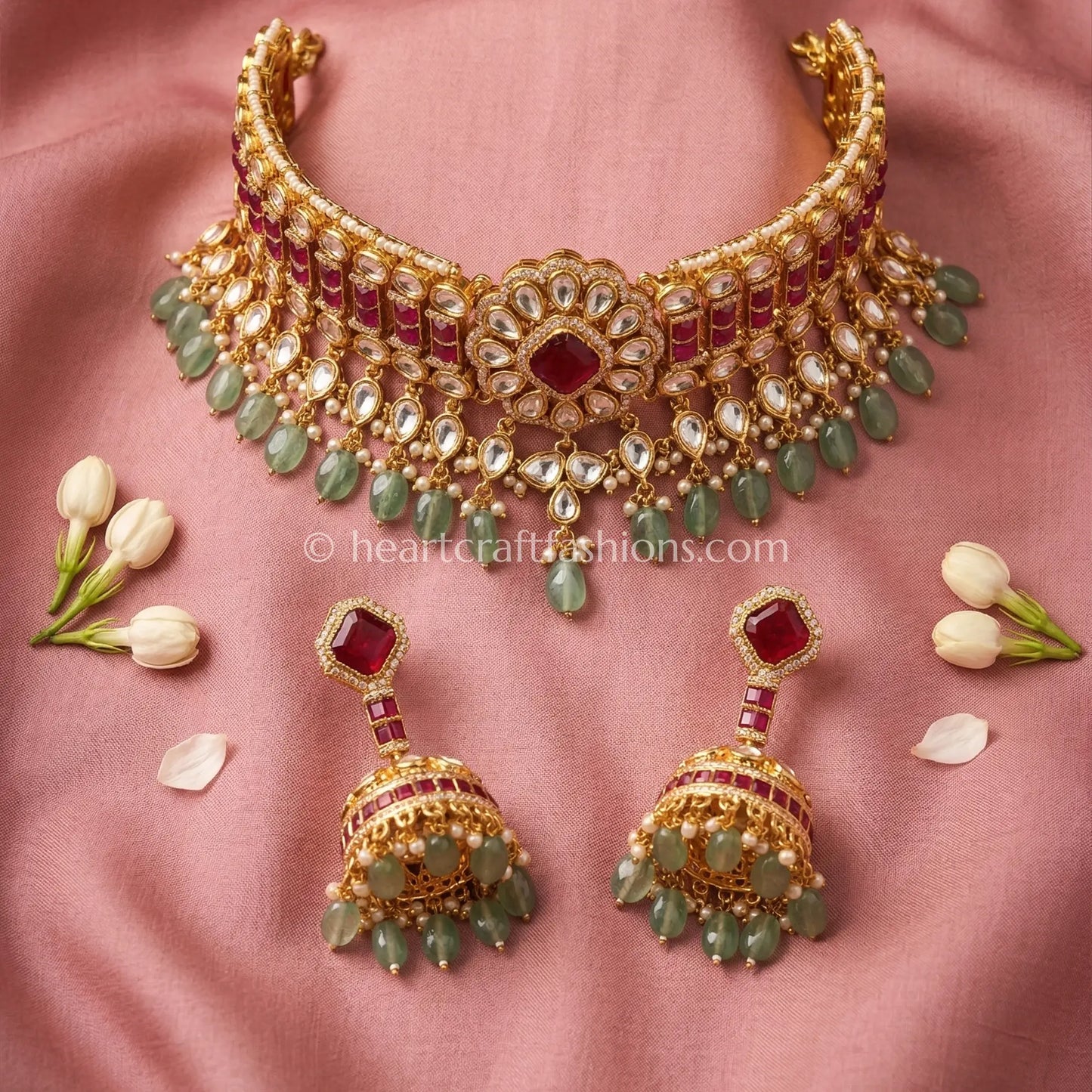 Ruby Doublet Moissanite Polki Drop Choker Set