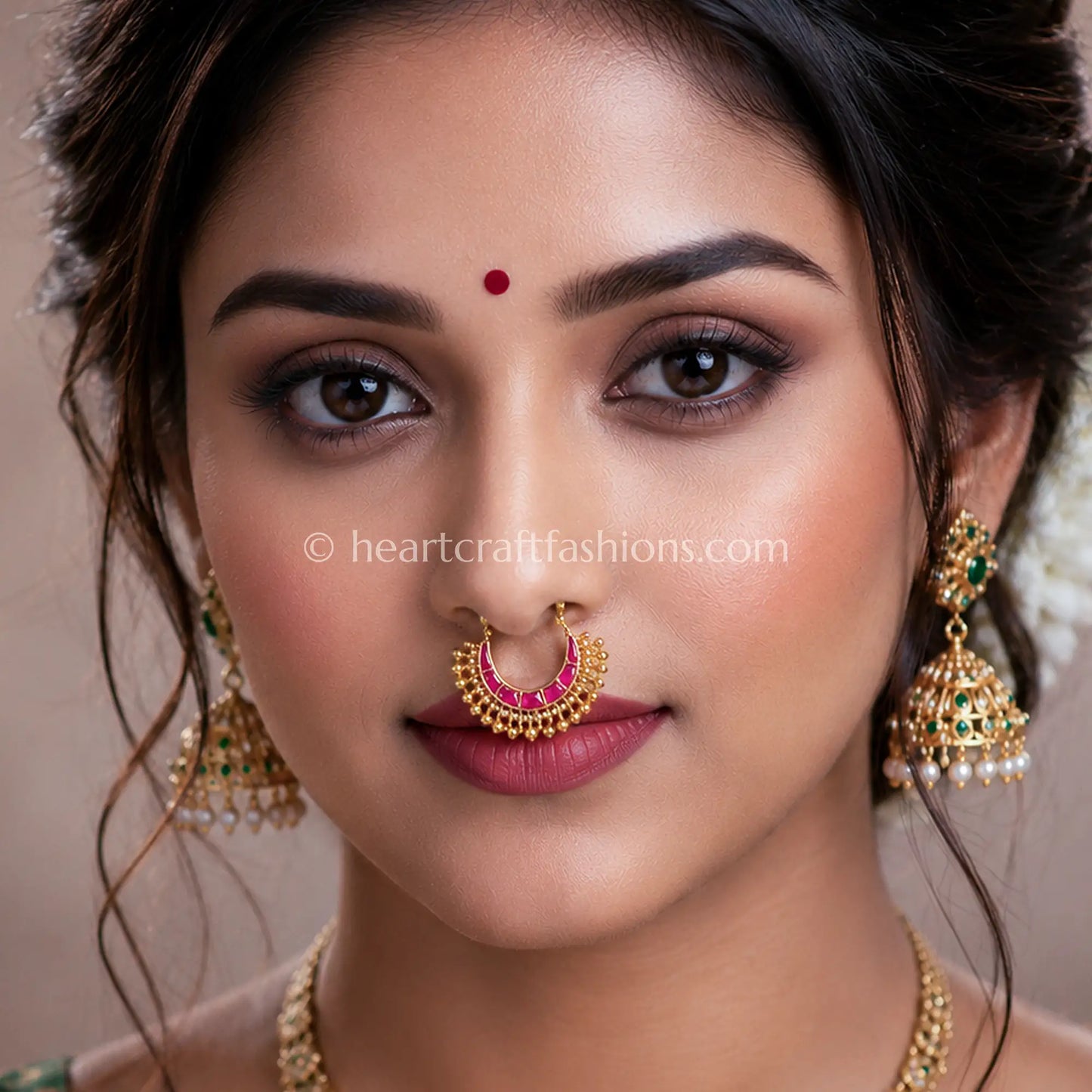 Ruby Pink Gold Beaded Nath