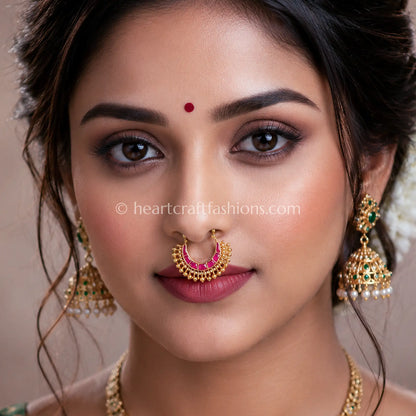 Ruby Pink Gold Beaded Nath