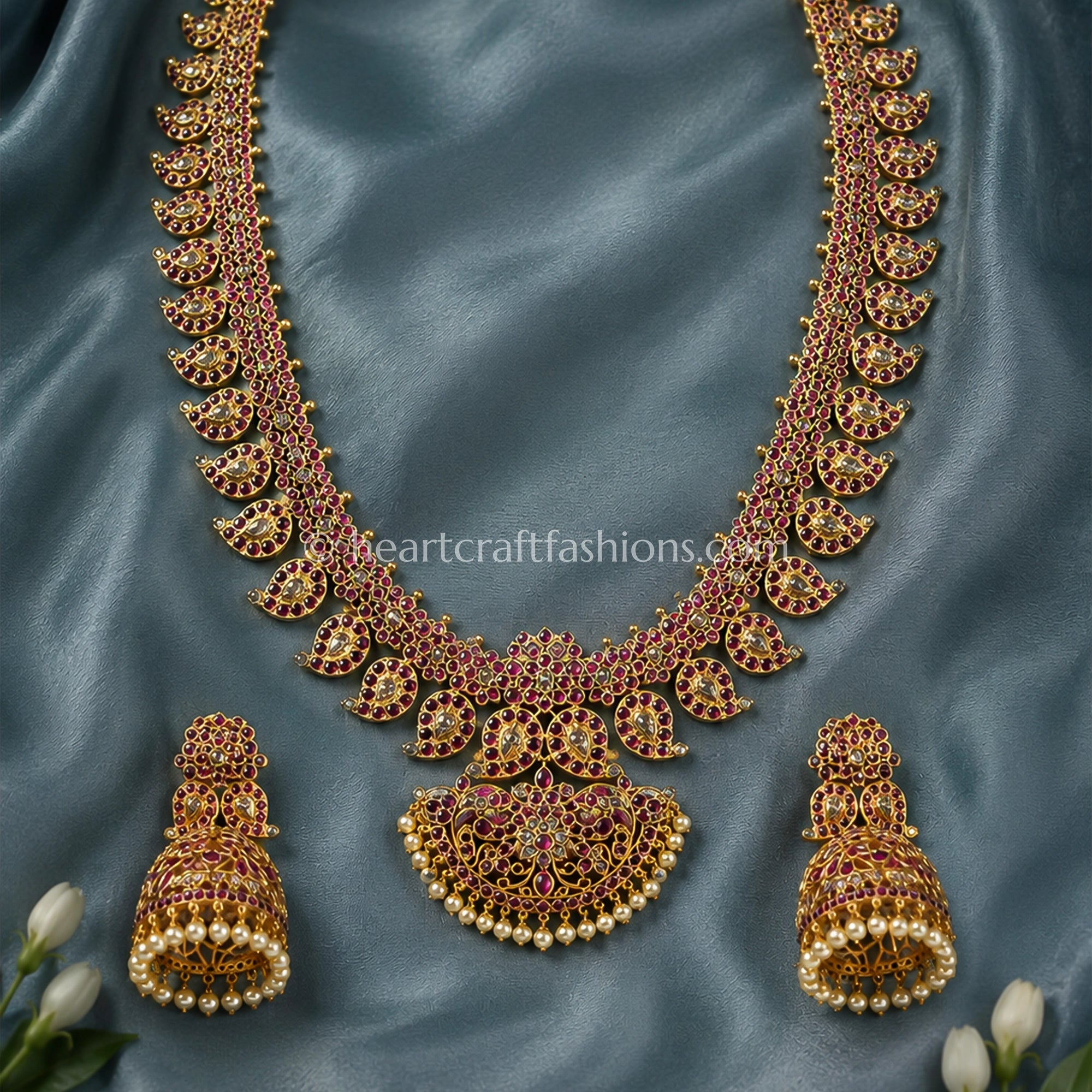 Ruby Pink Kemp Stone Temple Necklace Set