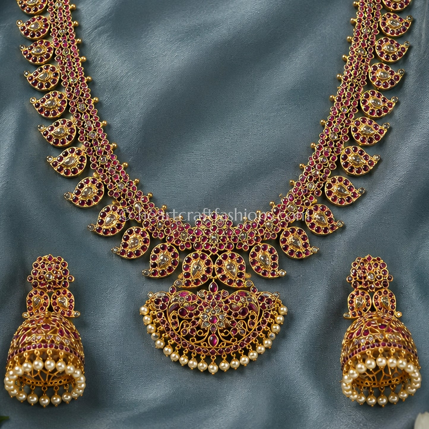 Ruby Pink Kemp Stone Temple Necklace Set
