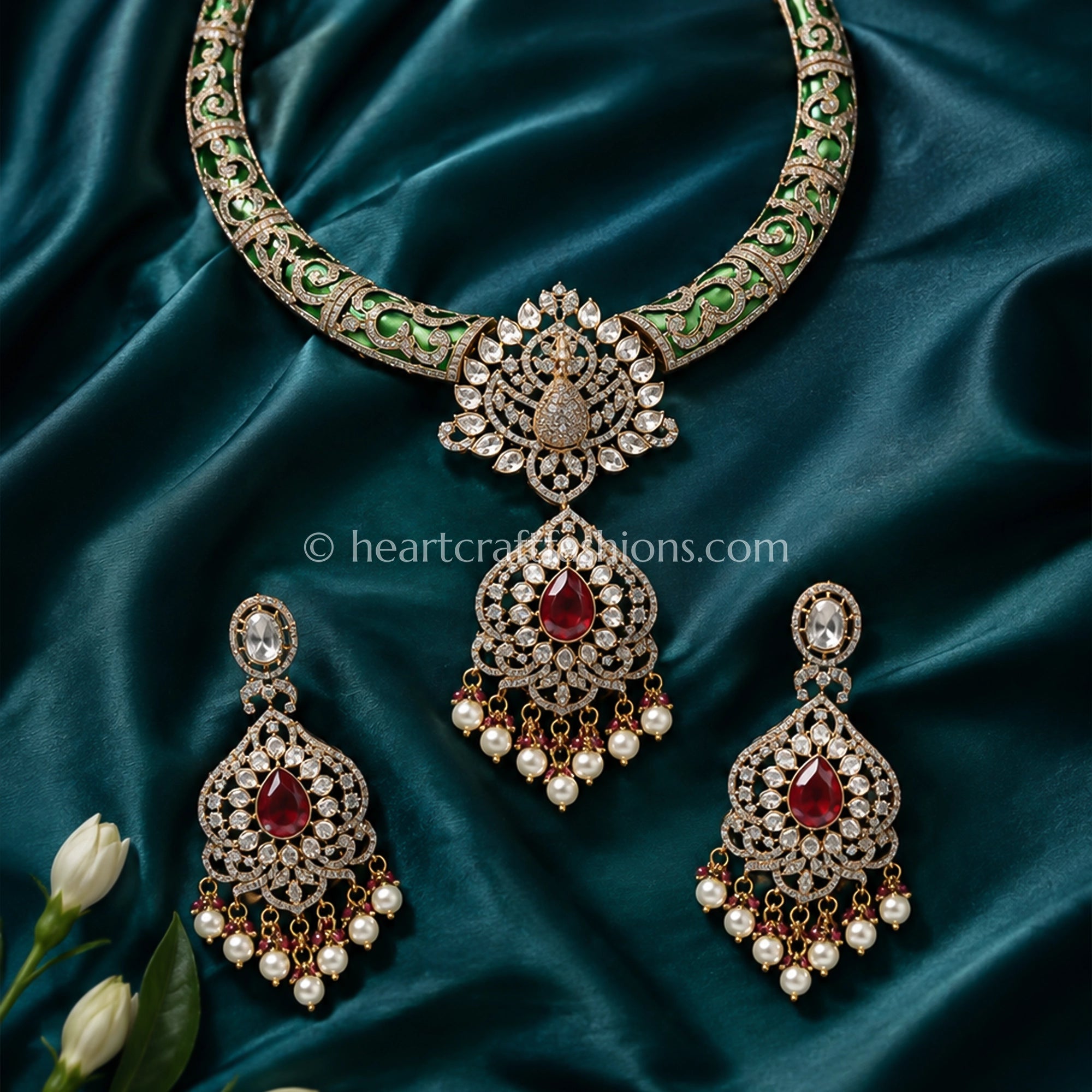 Ruby Red Moissanite Meenakari Hasli Pendant Set