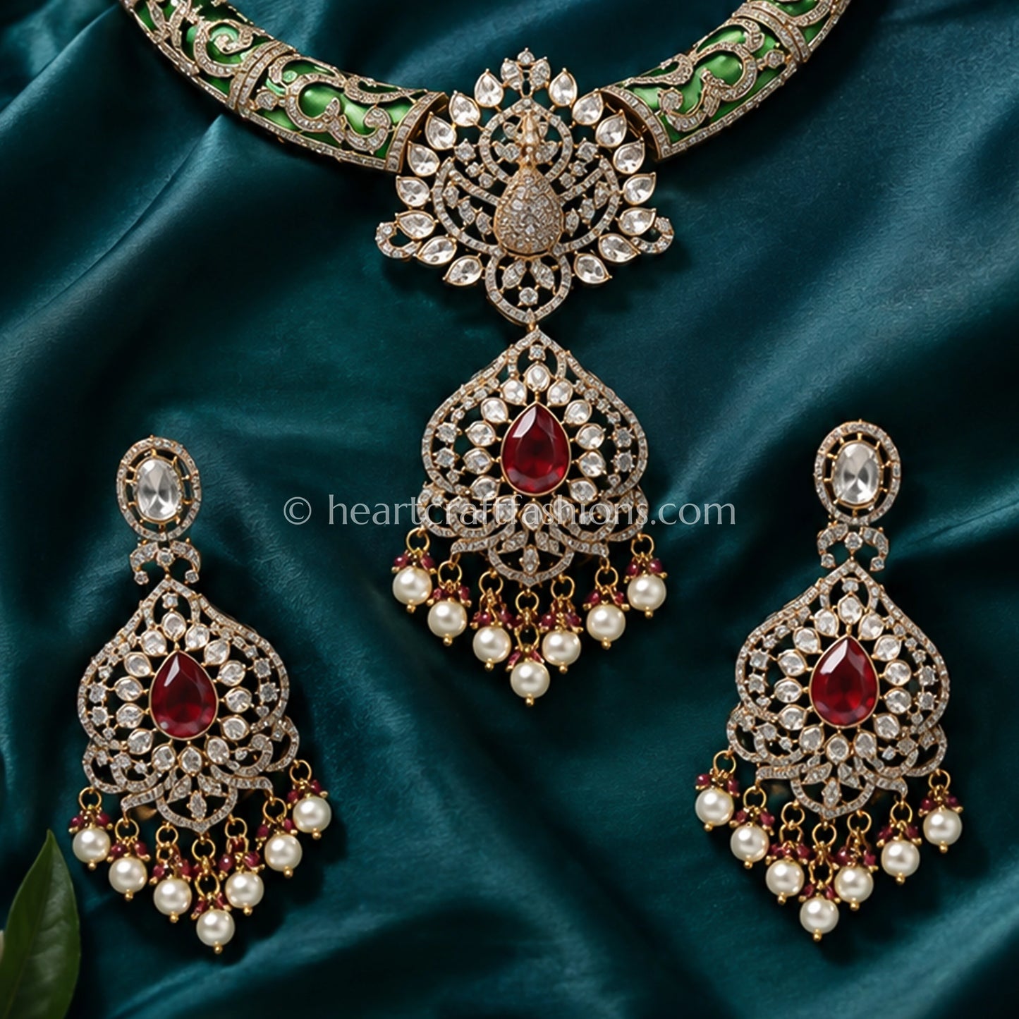 Ruby Red Moissanite Meenakari Hasli Pendant Set