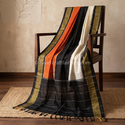 Rust Orange & Ivory Patola Silk Colorblock Dupatta