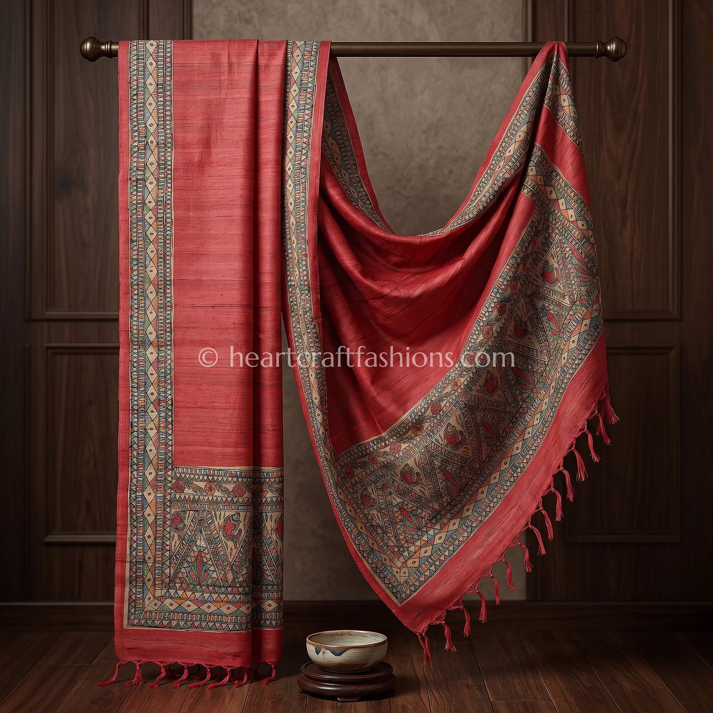 Rustic Coral Tusser Hand Painted Madhubani Dupatta