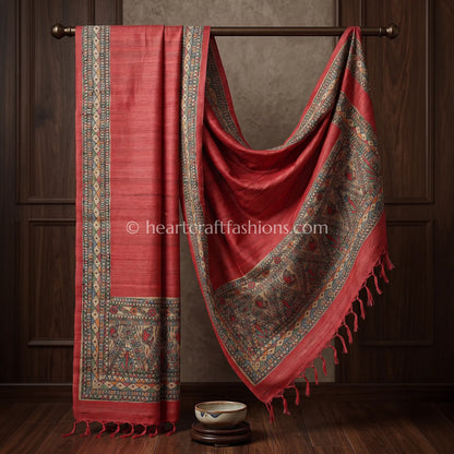 Rustic Coral Tusser Hand Painted Madhubani Dupatta