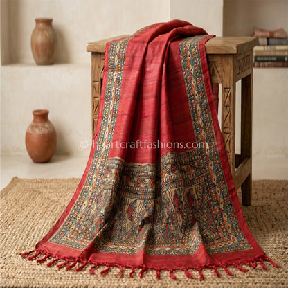 Rustic Coral Tusser Hand Painted Madhubani Dupatta