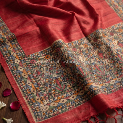 Rustic Coral Tusser Hand Painted Madhubani Dupatta
