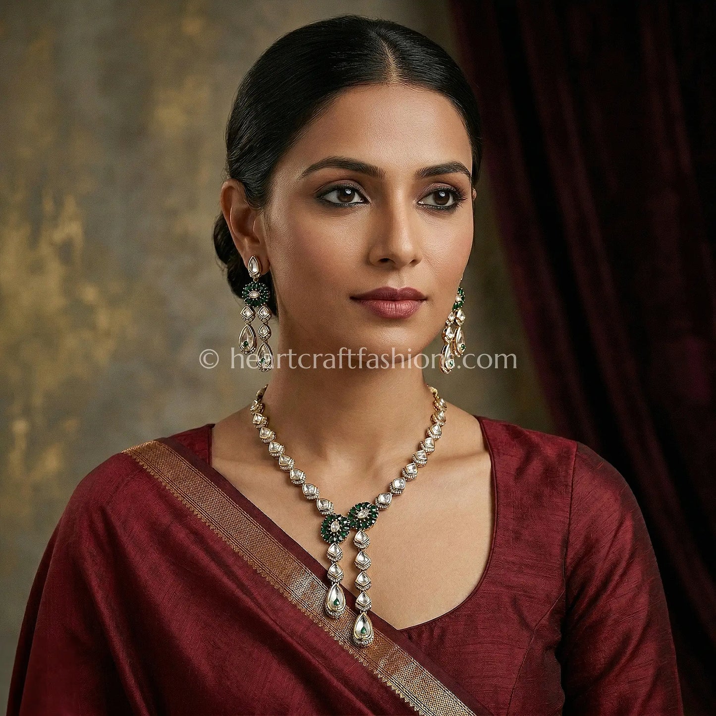 Sunehri Kundan Emerald Droplet Long Set