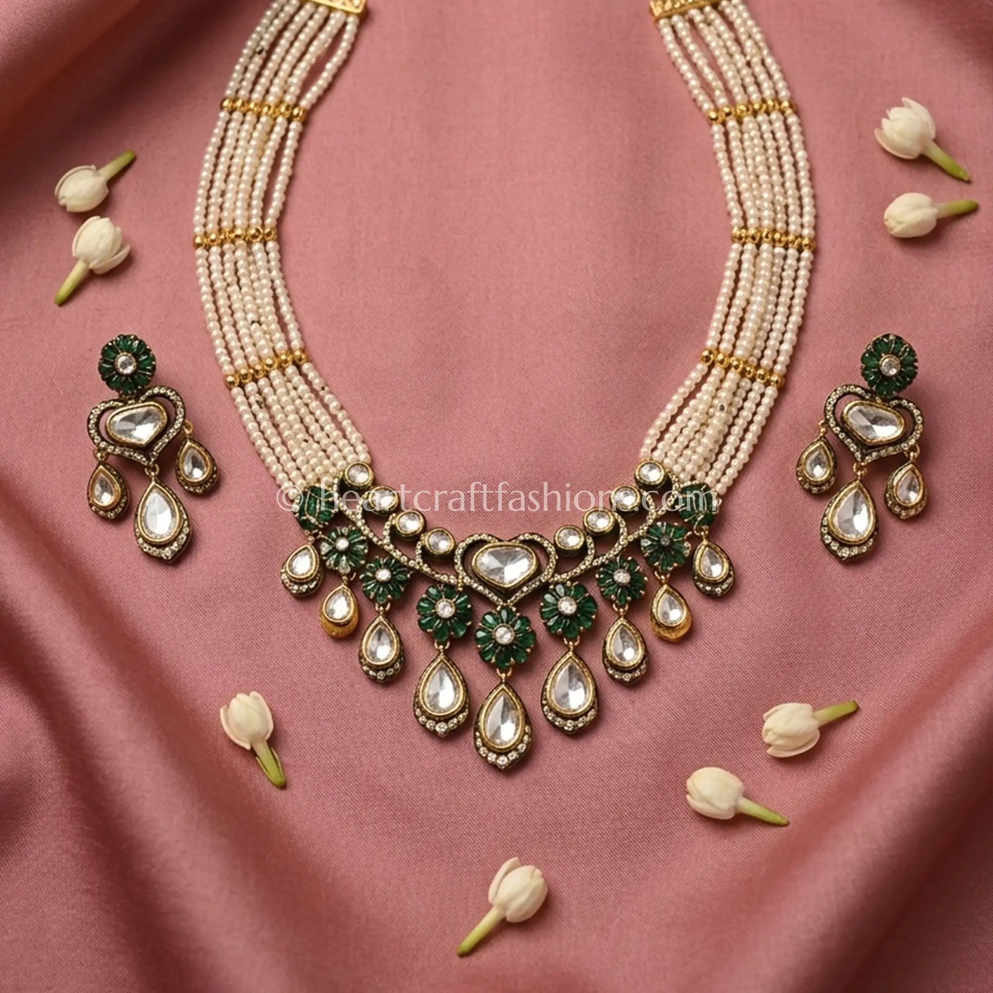 Sunehri Kundan Emerald Pearl Teardrop Set