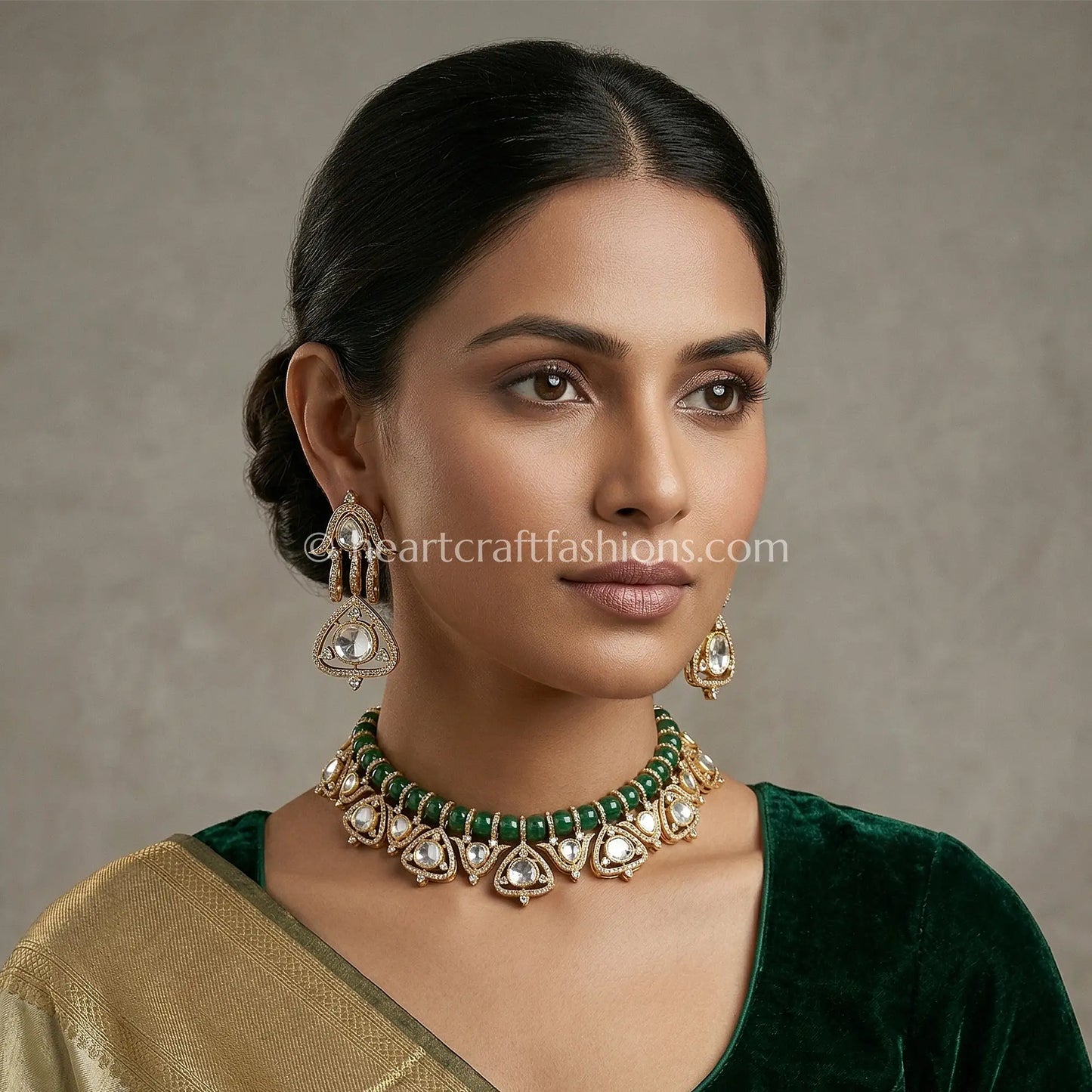 Sunehri Kundan Green Watermelon Stone Royal Choker Set