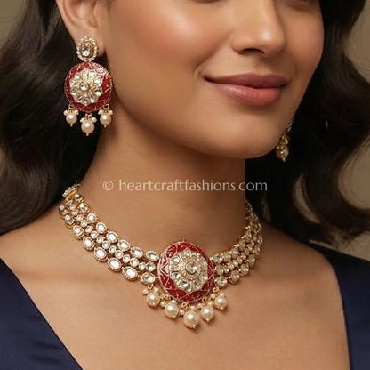 Sunehri Ruby Pearl Rajvaadi Kundan Set