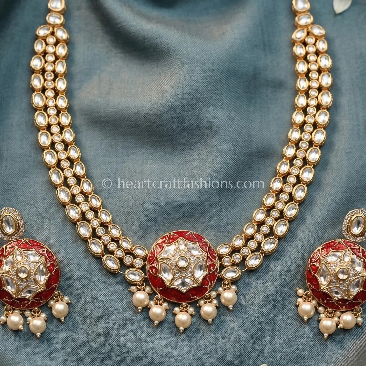 Sunehri Ruby Pearl Rajvaadi Kundan Set