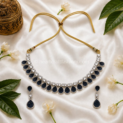 Sapphire Blue Pave Teardrop Fringe Necklace Set