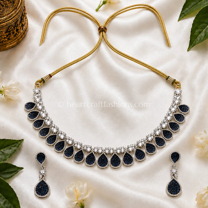 Sapphire Blue Pave Teardrop Fringe Necklace Set