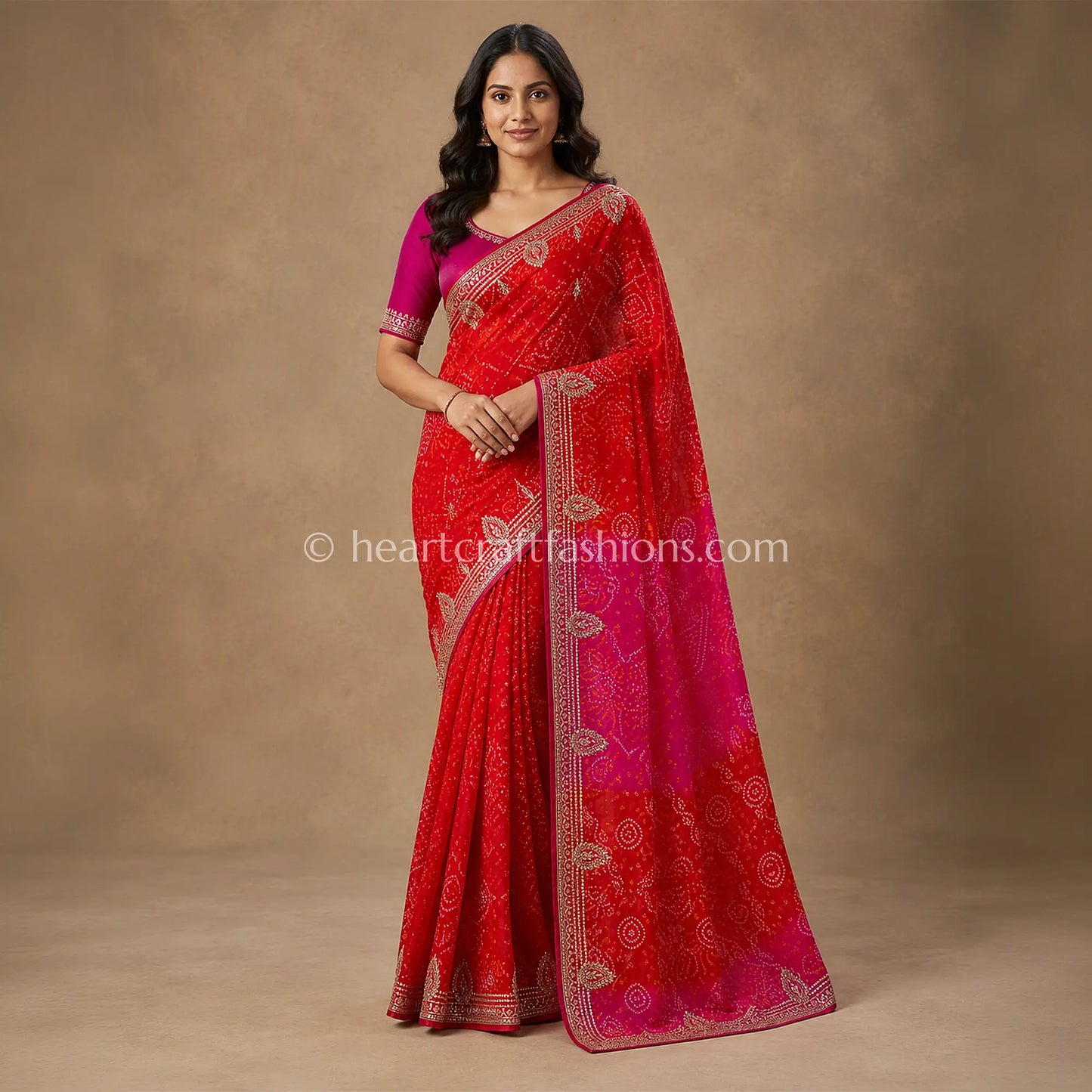 Premium Rani Pink & Red Rai Bandhej Pure Gajji Silk Gota Patti Saree