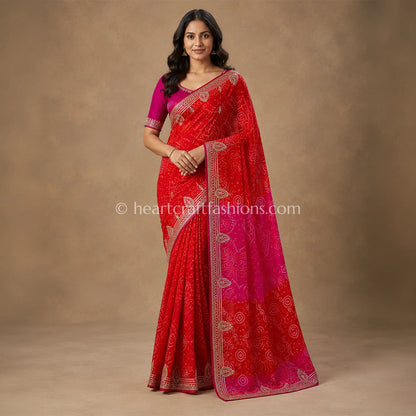 Premium Rani Pink & Red Rai Bandhej Pure Gajji Silk Gota Patti Saree