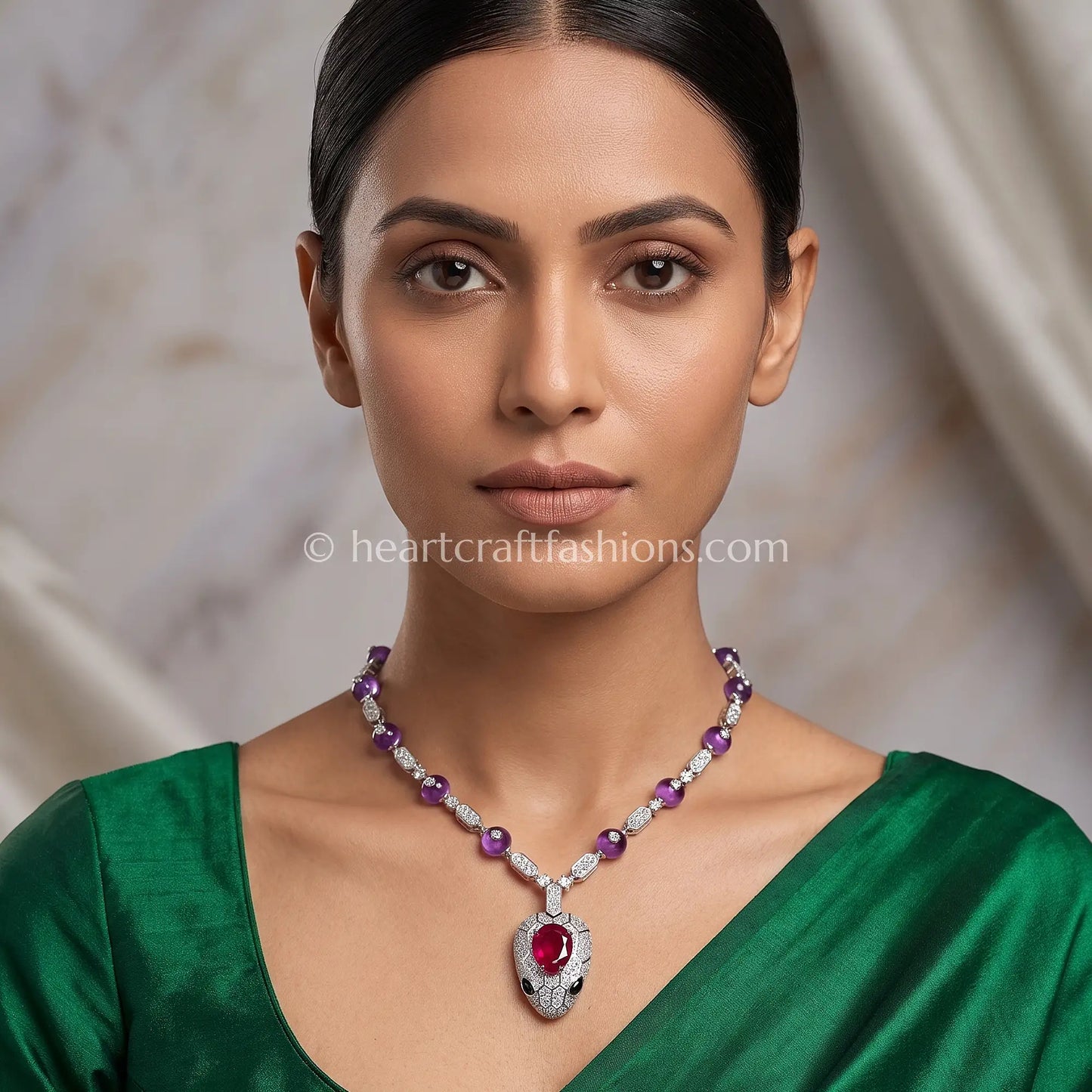 Serpenti Amethyst Bead Chain with Ruby Head Pendant