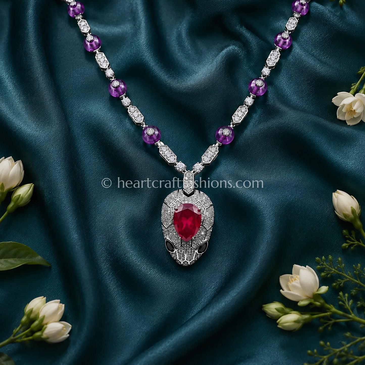 Serpenti Amethyst Bead Chain with Ruby Head Pendant
