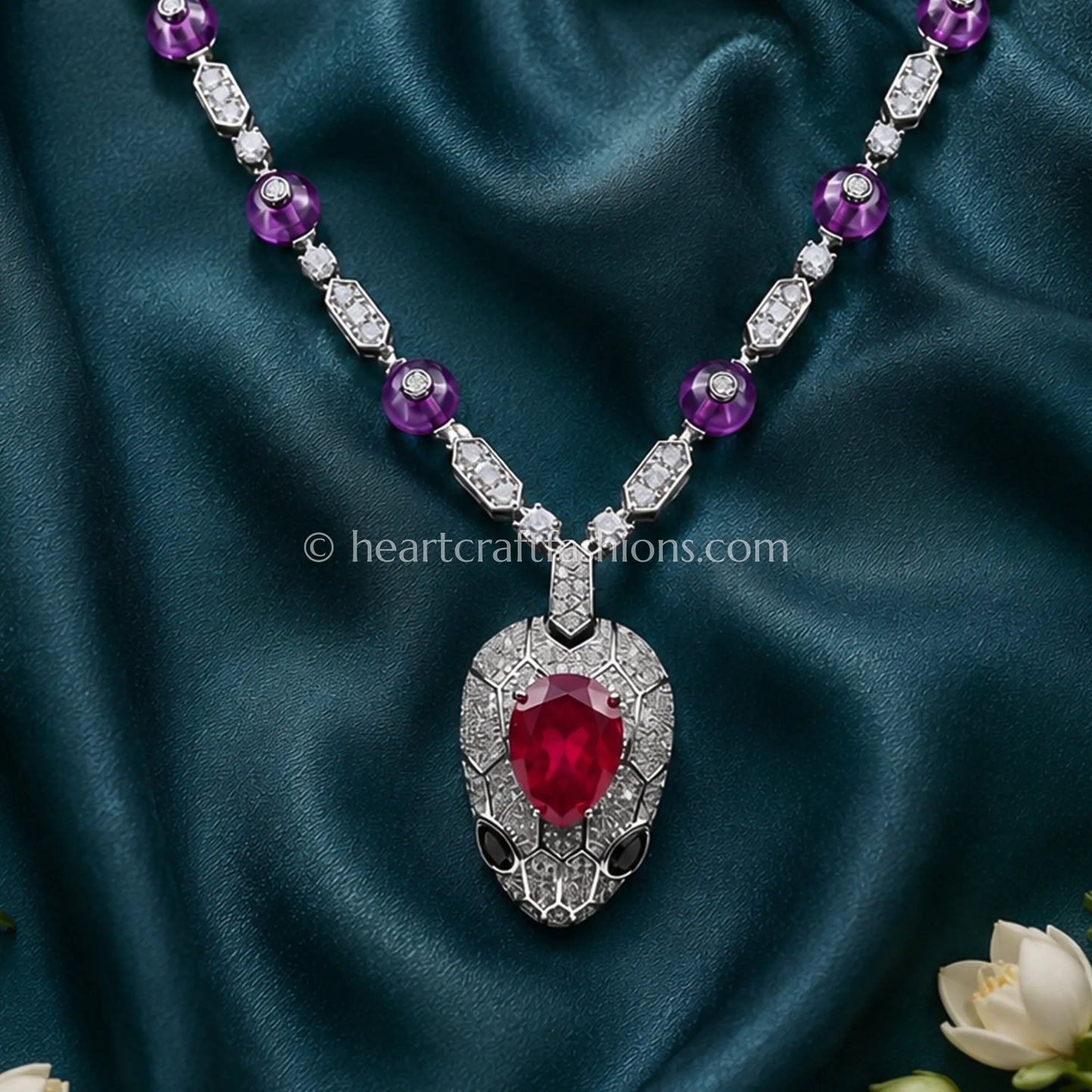 Serpenti Amethyst Bead Chain with Ruby Head Pendant