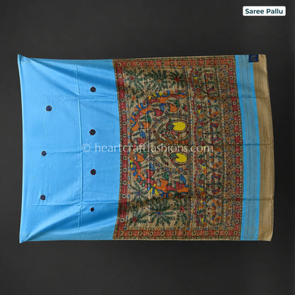 Silk Sky Blue Madhubani Handpainted Saree