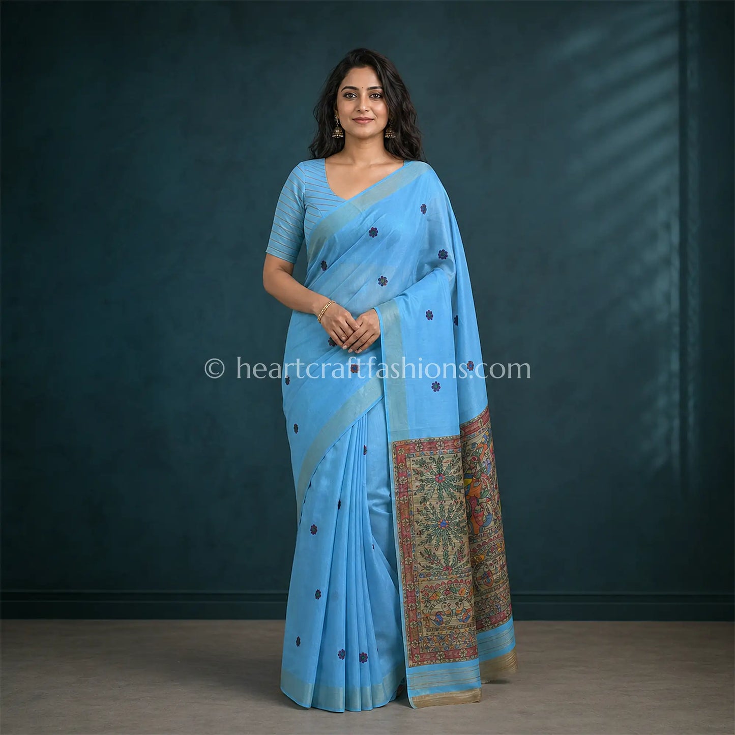 Silk Sky Blue Madhubani Handpainted Saree