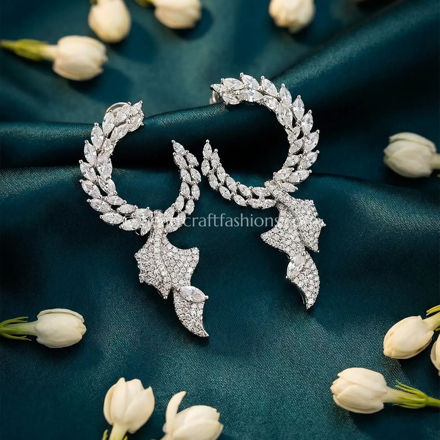 Silver Zircon Crescent Hoop Drop Earrings