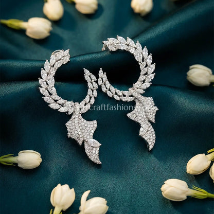 Silver Zircon Crescent Hoop Drop Earrings
