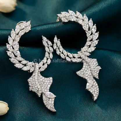 Silver Zircon Crescent Hoop Drop Earrings
