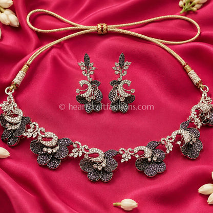 Smokey Black Pave Floral Choker Set