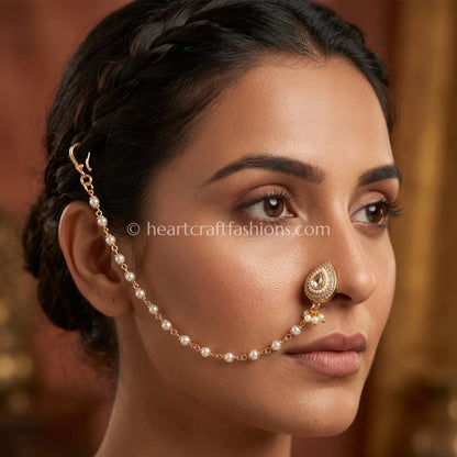 Solitaire Clear Teardrop Pearl Kundan Nath with Chain