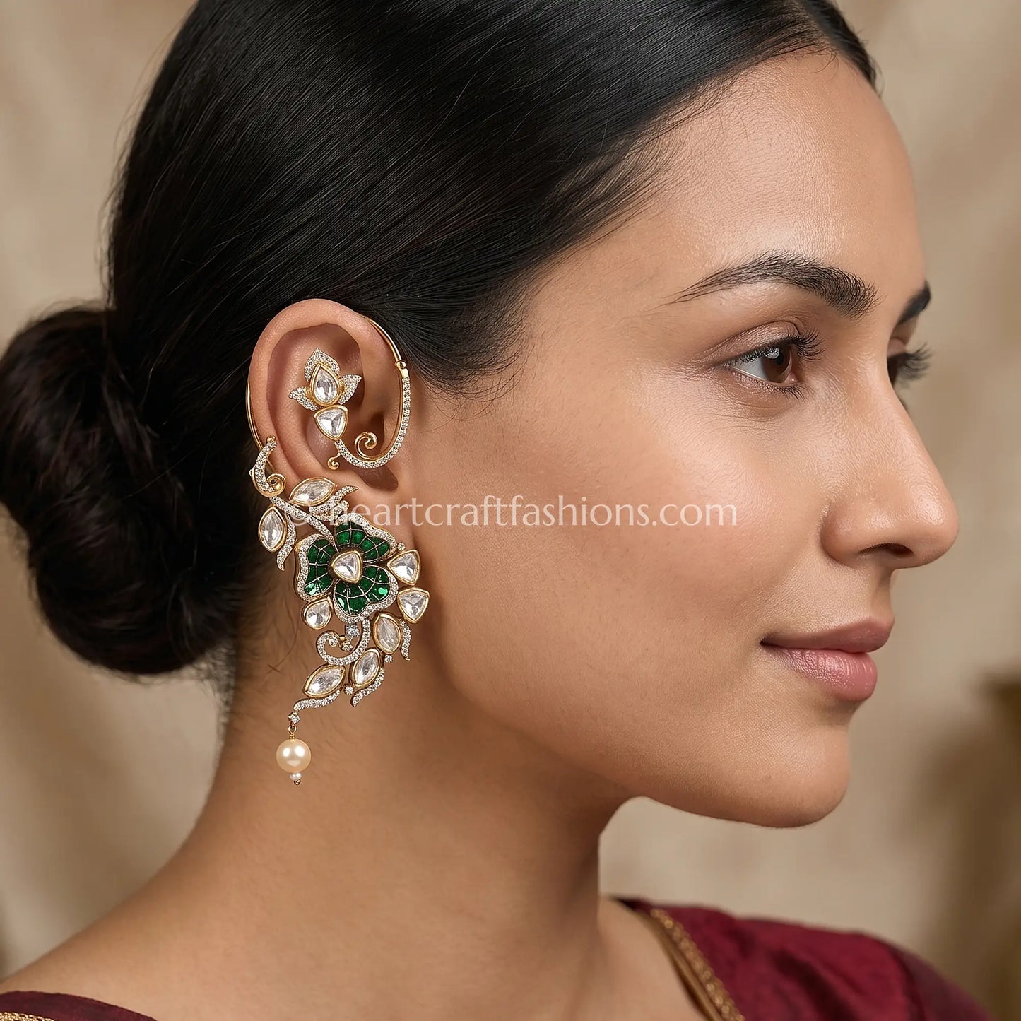 Sunehri Emerald Floral Kundan Ear Cuffs