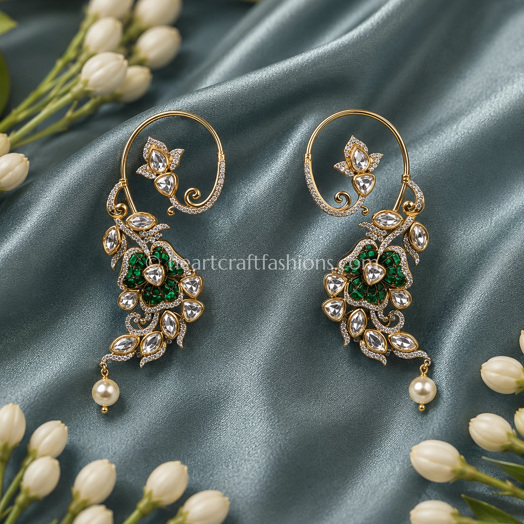Sunehri Emerald Floral Kundan Ear Cuffs