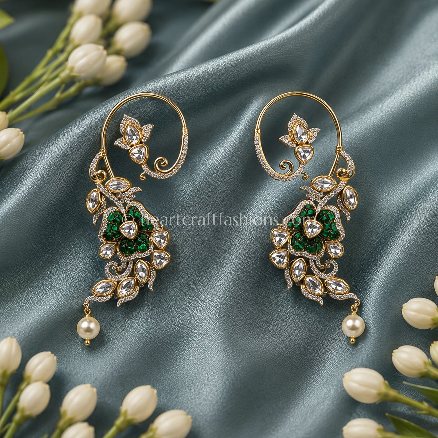 Sunehri Emerald Floral Kundan Ear Cuffs